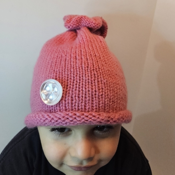 Hand Crafted Mauve Pink Hand knit Beanie Unisex Handmade crochet cap floral top - Picture 10 of 17